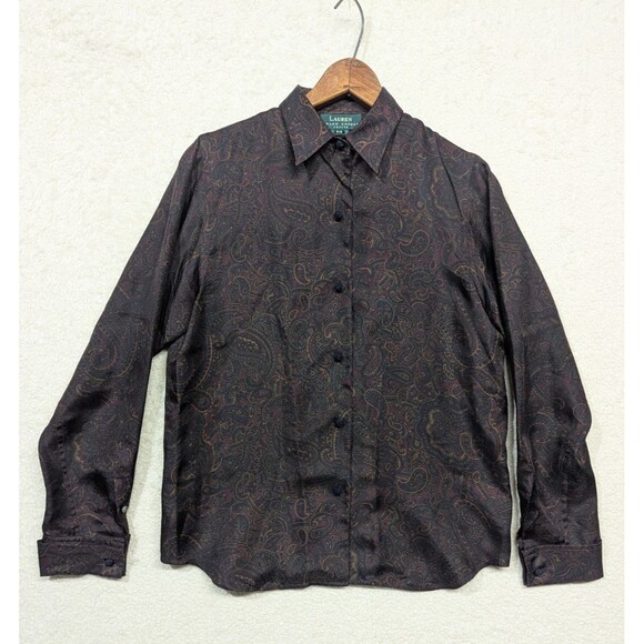 Lauren Ralph Lauren 100% Silk Moody Paisley Button Up Petite Small Long Sleeve - Picture 1 of 8